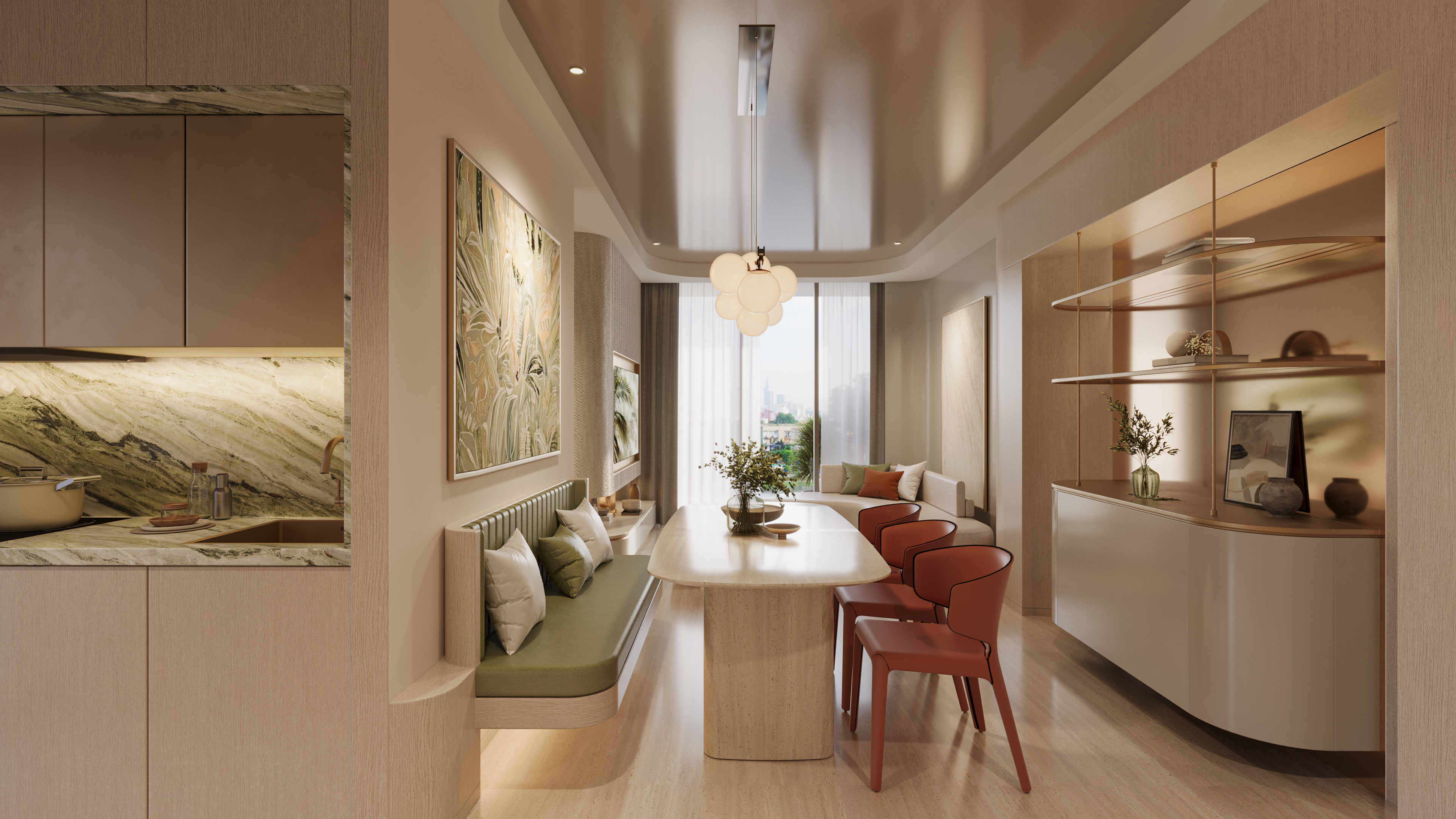 Không gian bếp và bàn ăn căn hộ mẫu Palm River
