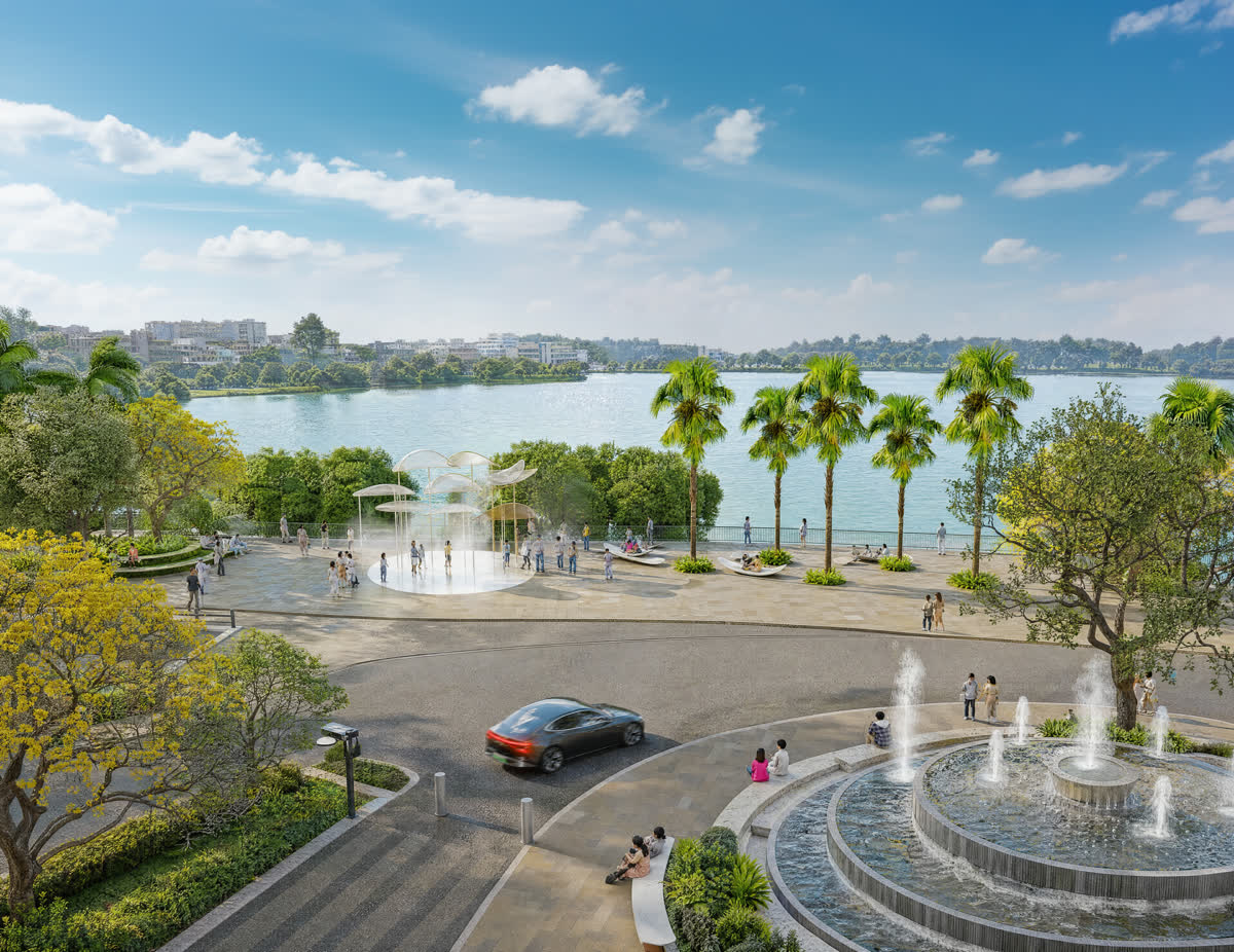 Quảng trường trung tâm với đài phun nước tại Palm River