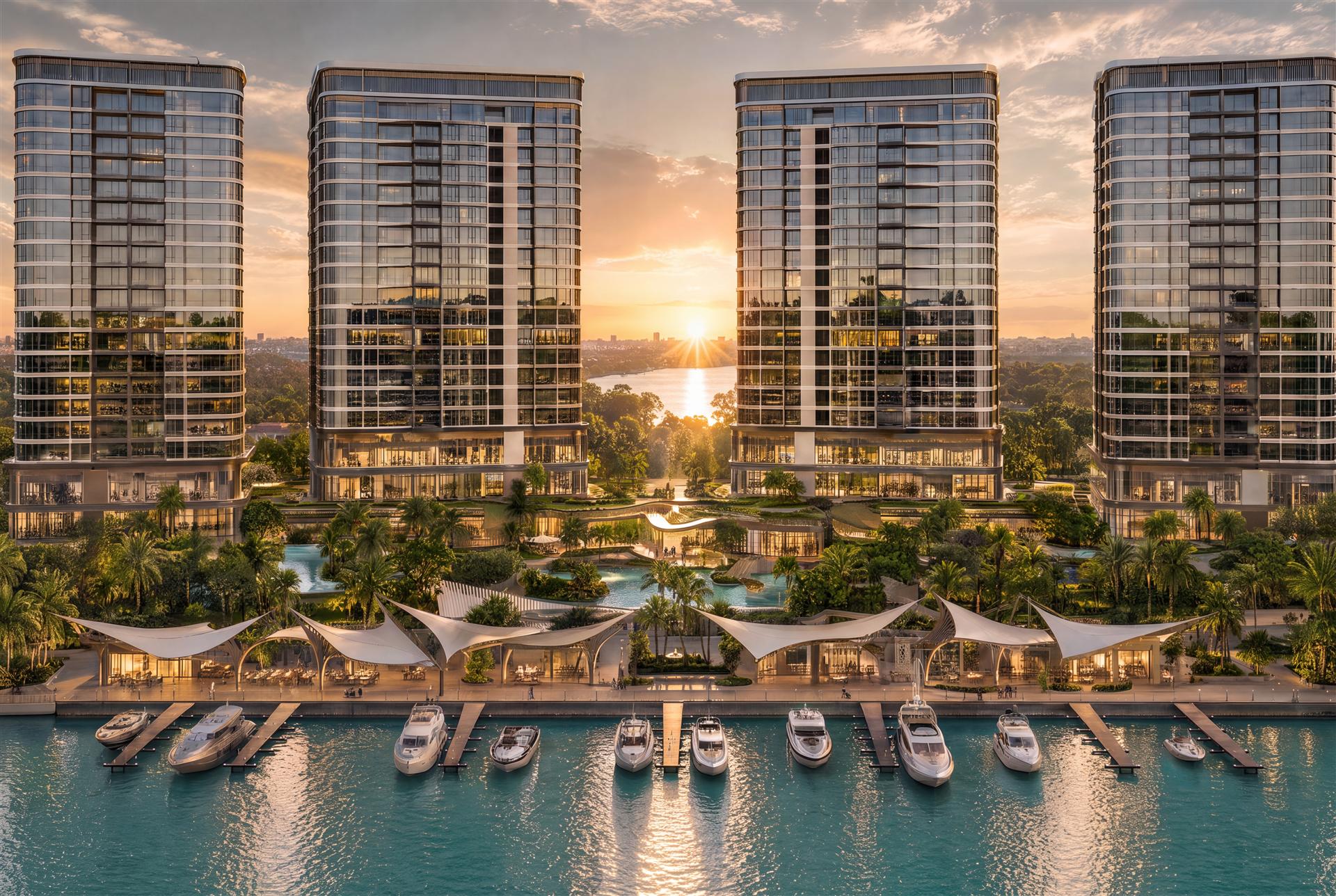 Phối cảnh Palm River nhìn từ bến du thuyền ven sông lúc hoàng hôn